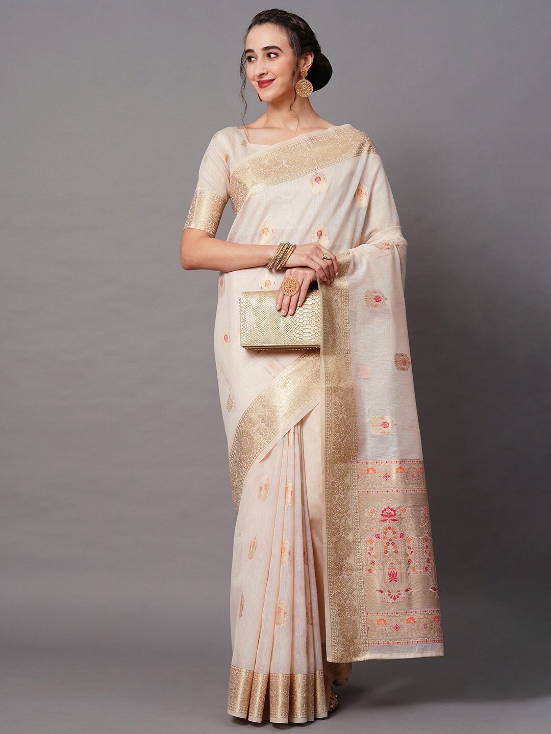 

Mitera Cream-Coloured & Gold-Toned Woven Design Silk Blend Banarasi Saree