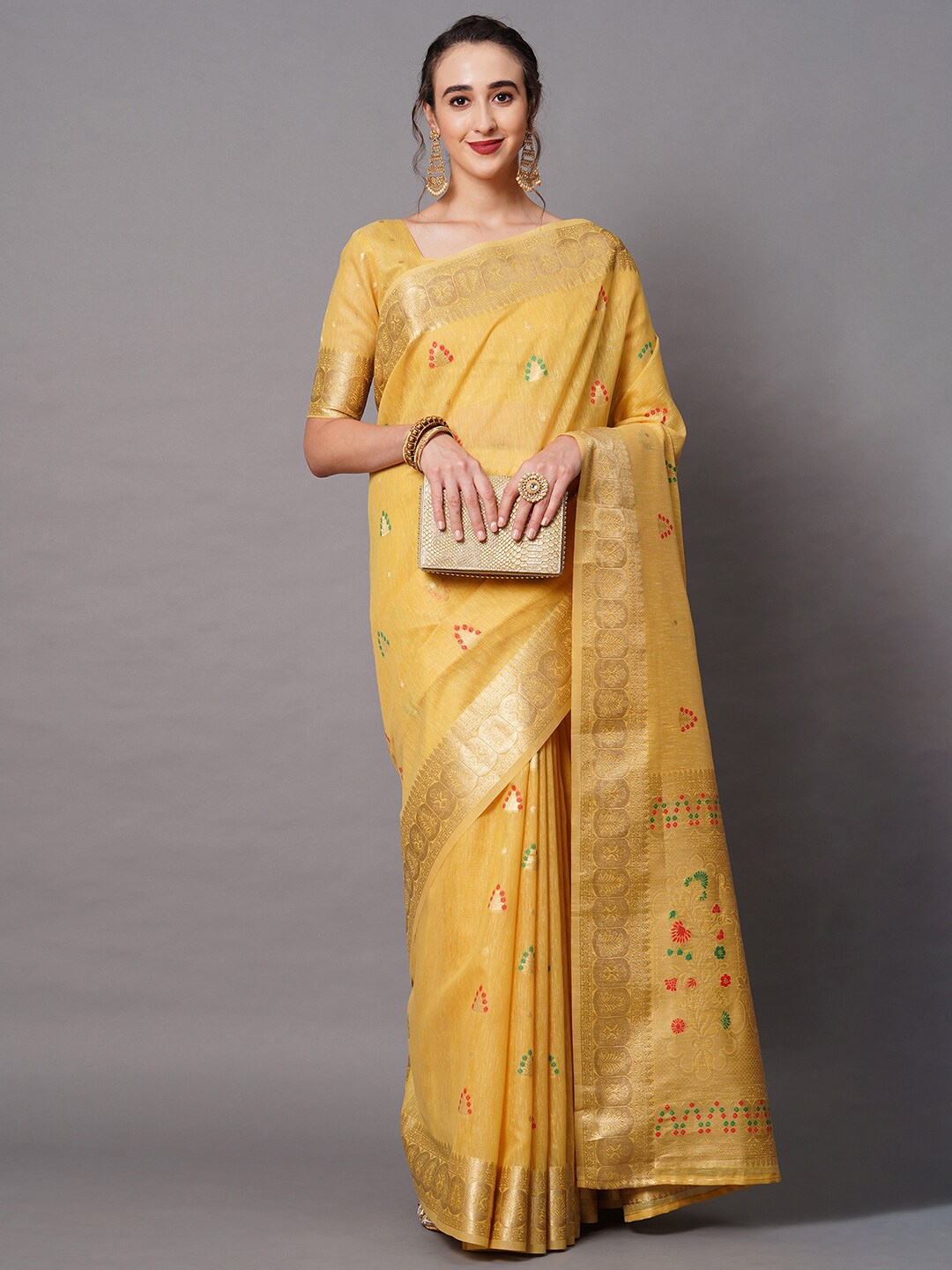 

Mitera Mustard & Red Woven Design Silk Blend Banarasi Saree