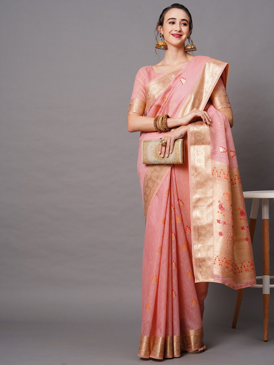 

Mitera Pink & Gold-Toned Woven Design Silk Blend Banarasi Saree