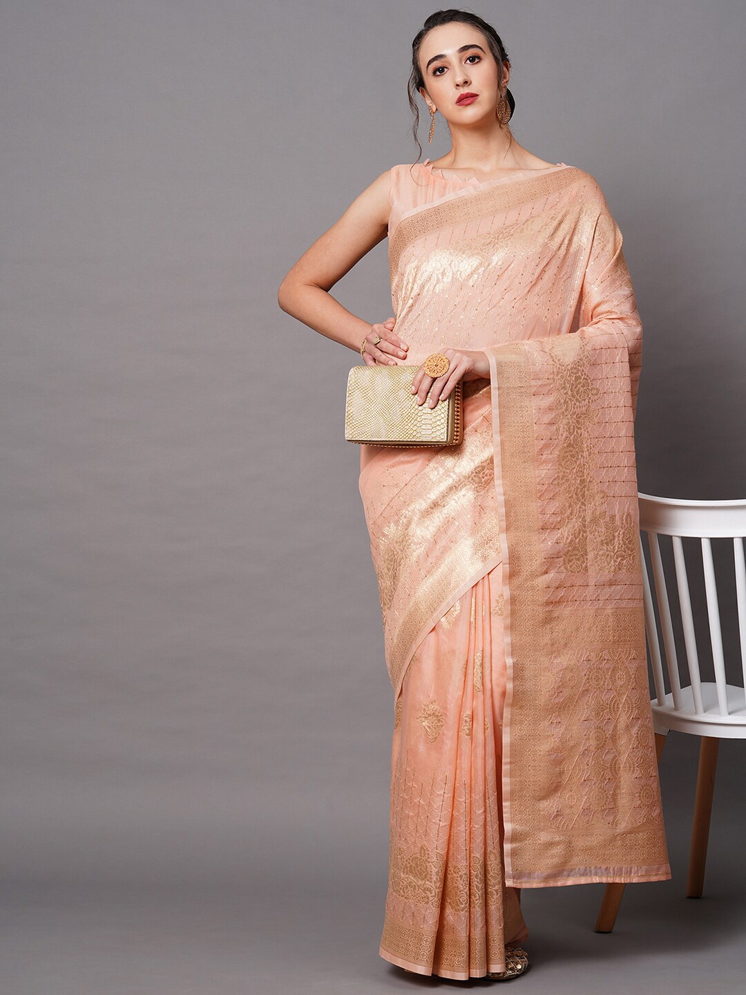 

Mitera Peach-Coloured & Gold-Toned Woven Design Silk Blend Banarasi Saree