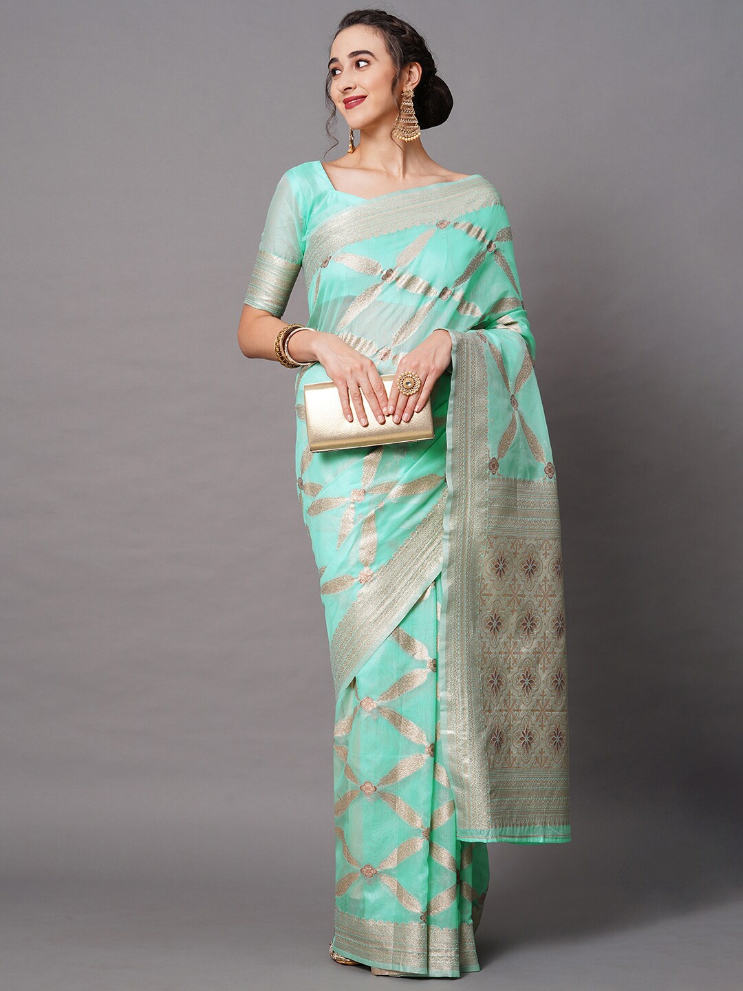 

Mitera Sea Green & Gold-Toned Woven Design Silk Blend Banarasi Saree