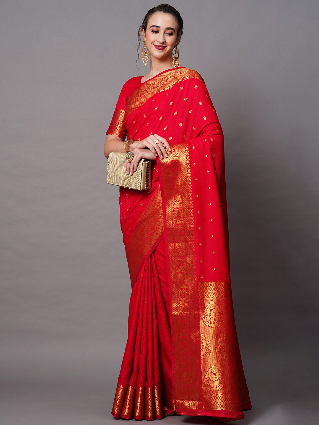 

Mitera Red & Gold-Toned Woven Design Zari Silk Blend Banarasi Saree