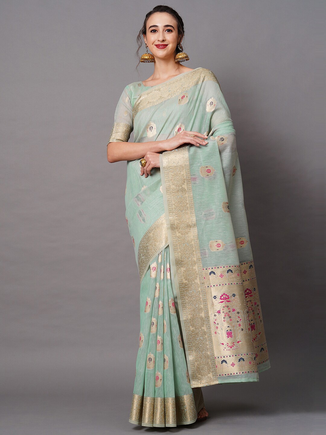 

Mitera Green & Magenta Woven Design Silk Blend Banarasi Saree