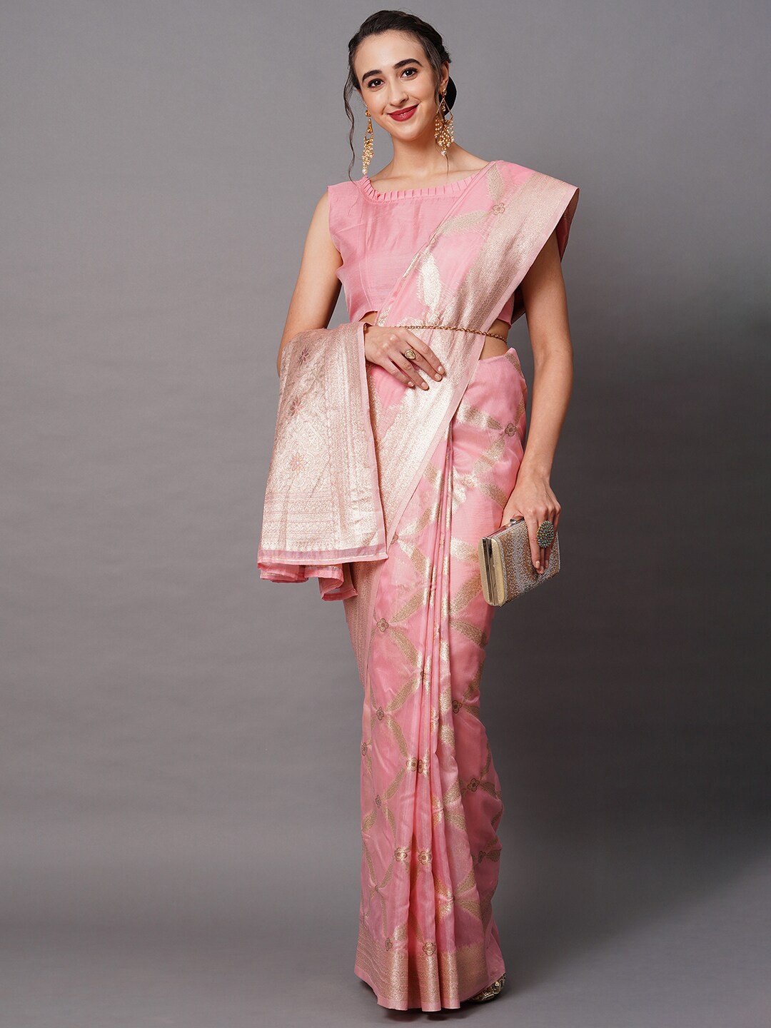 

Mitera Pink & Gold-Toned Woven Design Silk Blend Banarasi Saree