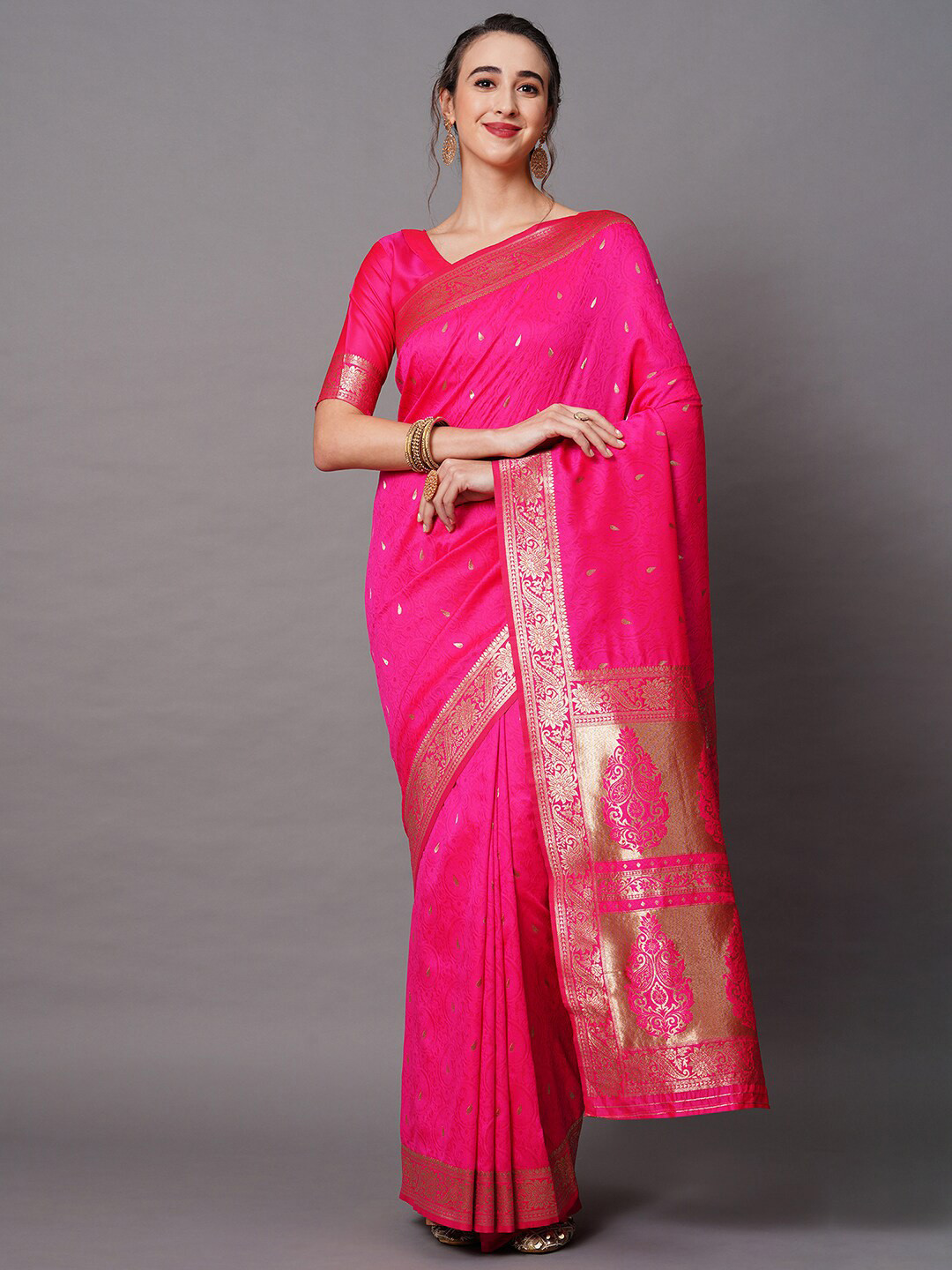 

Mitera Pink & Gold-Toned Woven Design Silk Blend Banarasi Saree