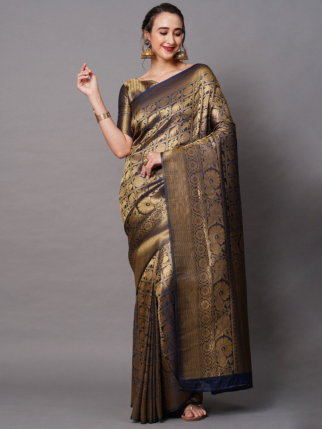 

Mitera Navy Blue & Gold-Toned Woven Design Silk Blend Banarasi Saree