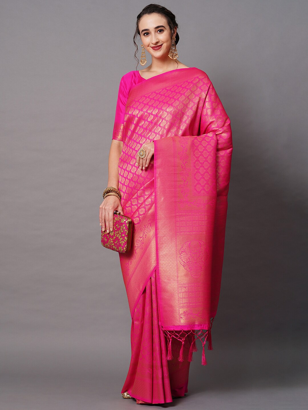 

Mitera Pink & Gold-Toned Woven Design Silk Blend Banarasi Saree