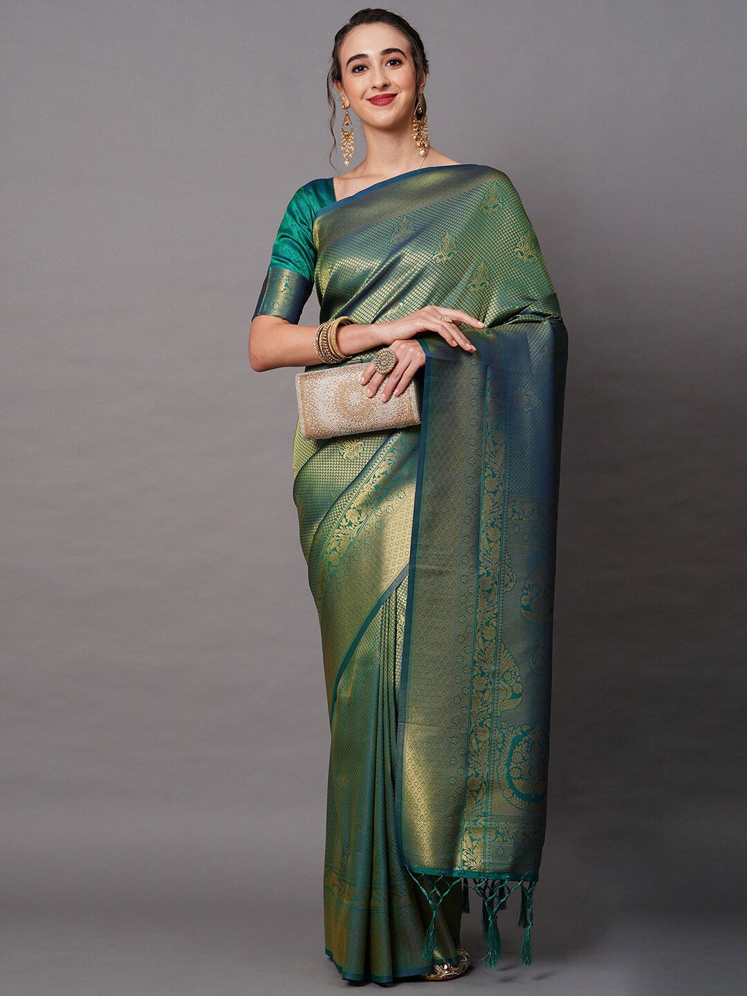 

Mitera Teal & Gold-Toned Woven Design Zari Silk Blend Banarasi Saree