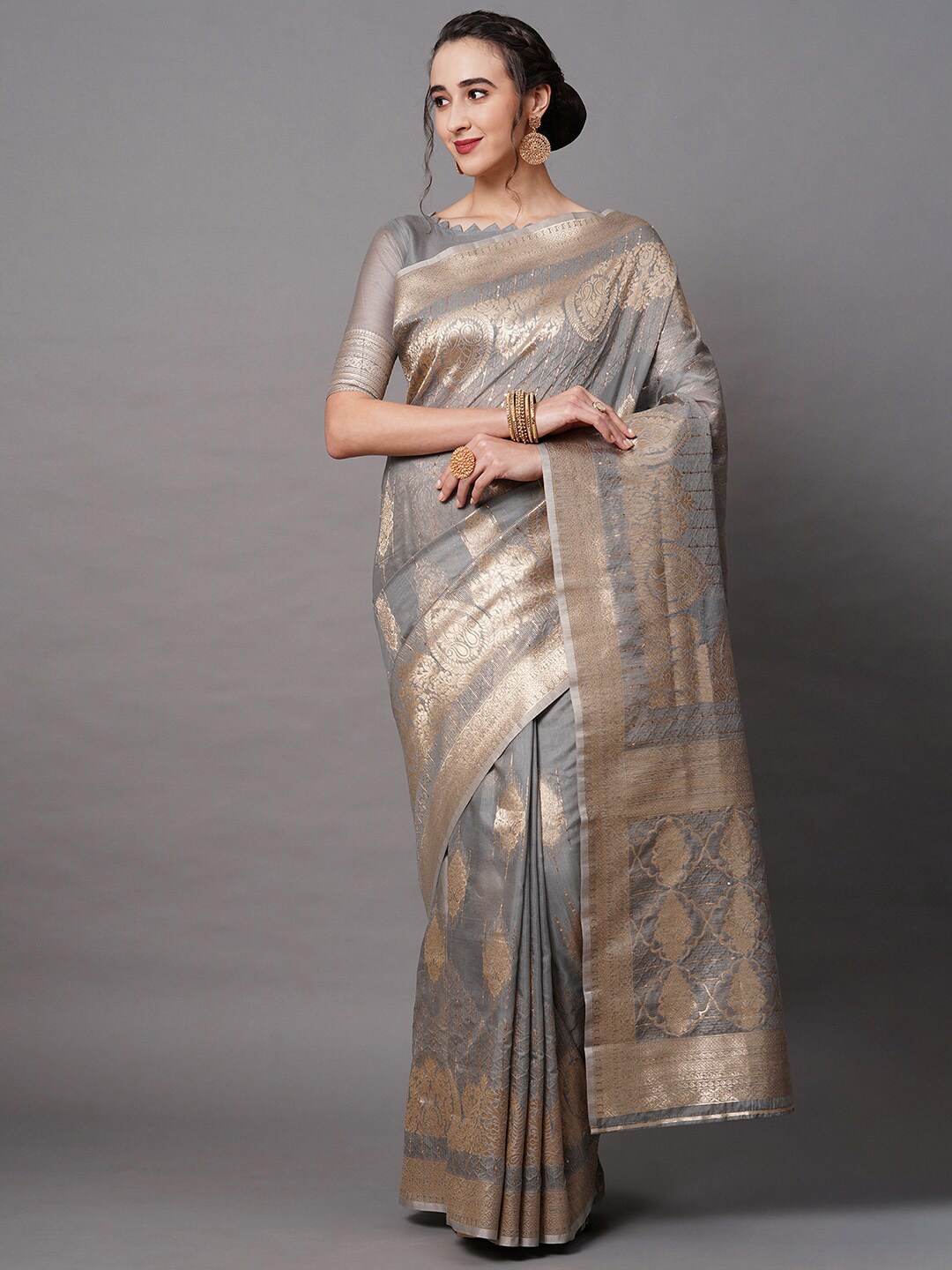 

Mitera Grey & Gold-Toned Woven Design Zari Silk Blend Banarasi Saree