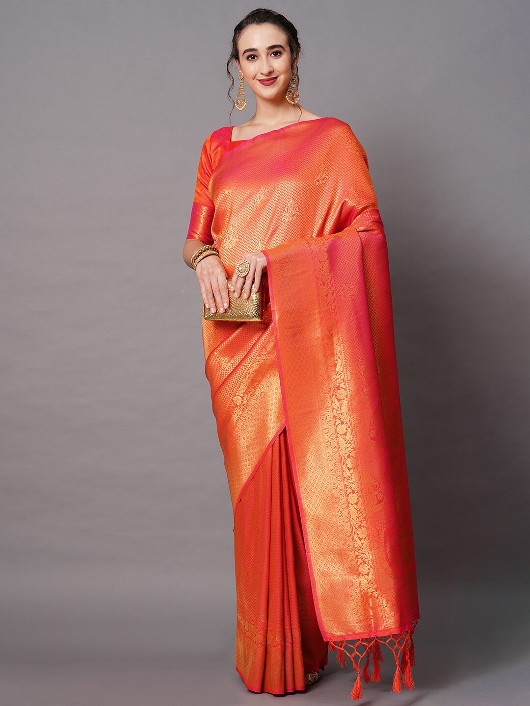 

Mitera Orange & Pink Woven Design Silk Blend Banarasi Saree