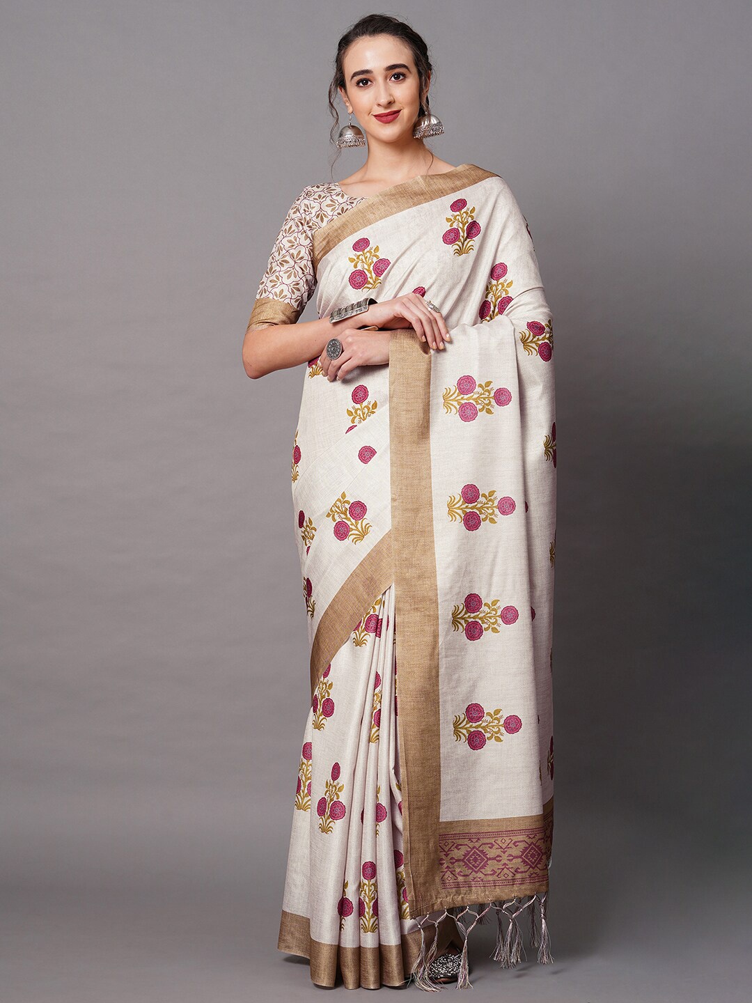 

Mitera Cream-Coloured & Pink Floral Printed Silk Blend Saree