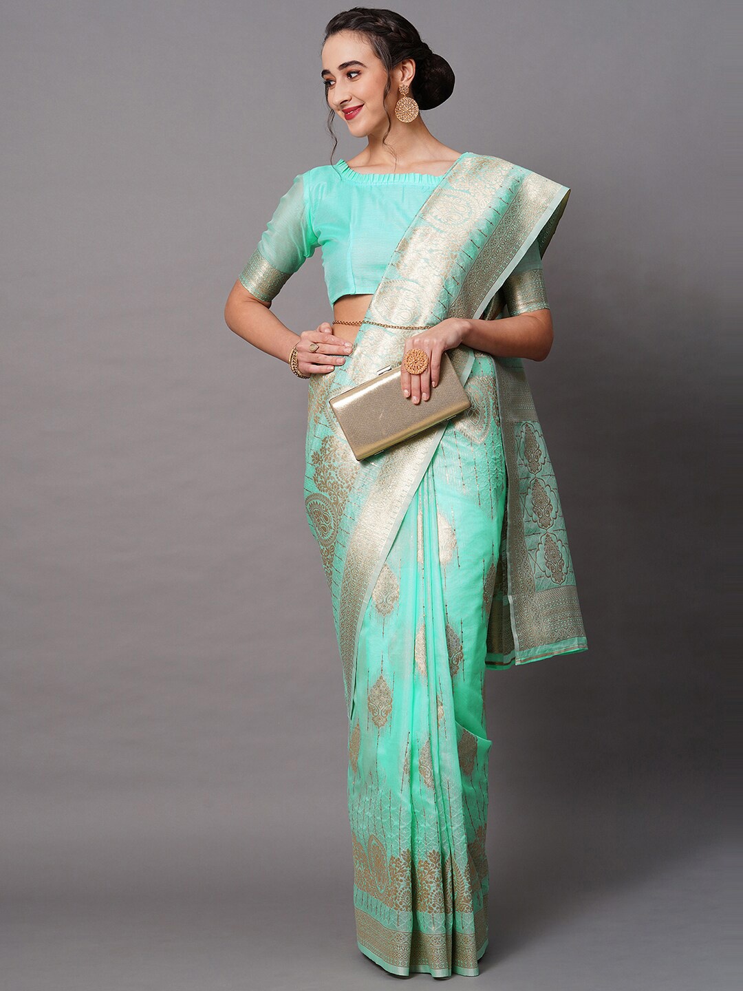 

Mitera Sea Green & Gold-Toned Woven Design Zari Silk Blend Banarasi Saree