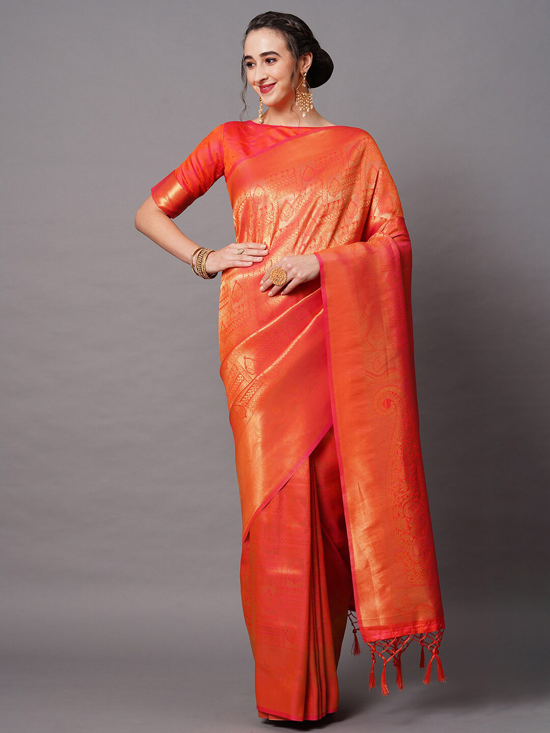 

Mitera Orange & Gold-Toned Woven Design Silk Blend Banarasi Saree