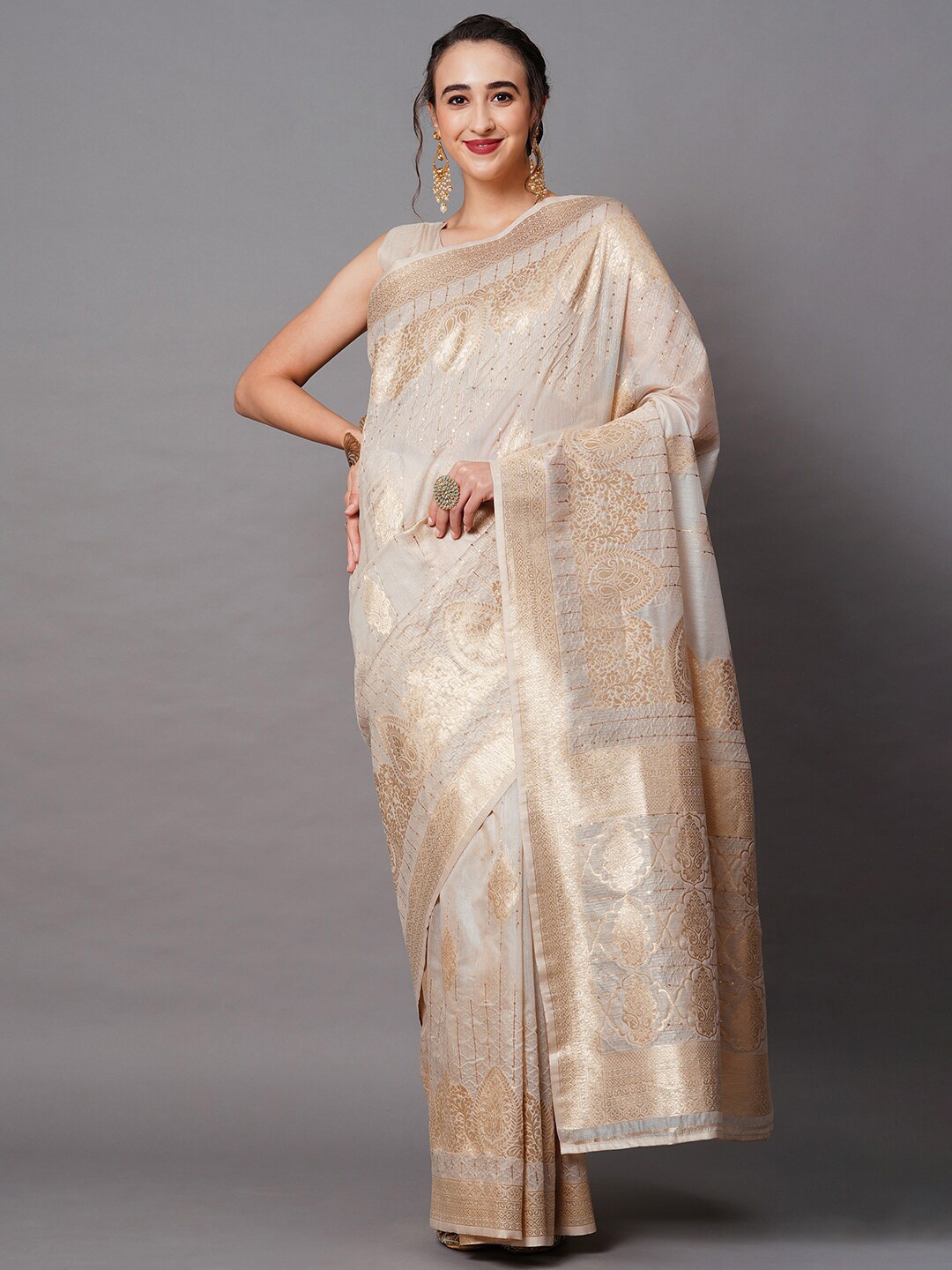 

Mitera Beige & Gold-Toned Woven Design Silk Blend Banarasi Saree