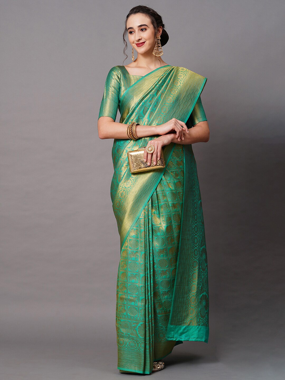 

Mitera Green & Gold-Toned Woven Design Silk Blend Banarasi Saree
