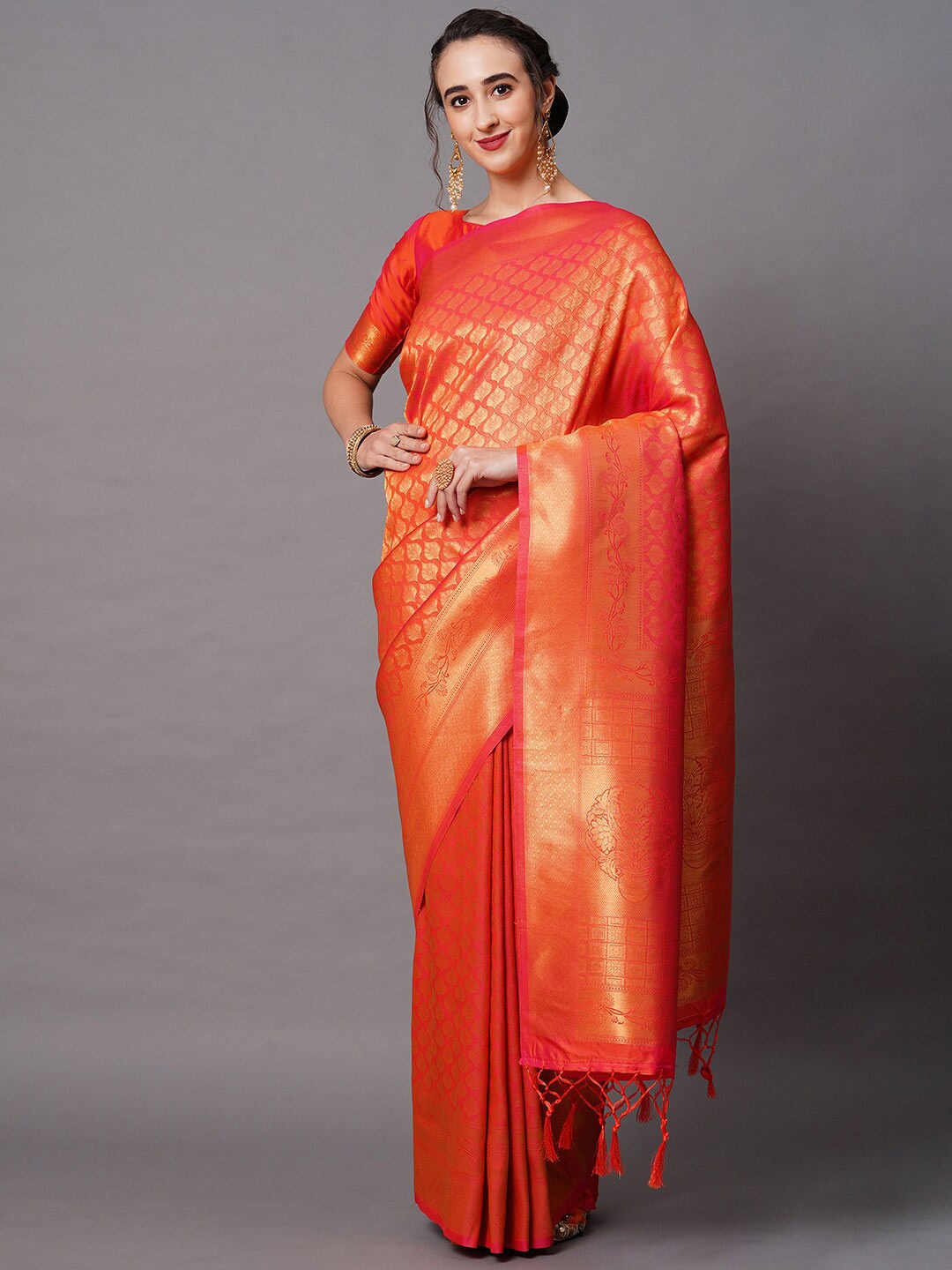 

Mitera Orange & Gold-Toned Woven Design Zari Silk Blend Banarasi Saree