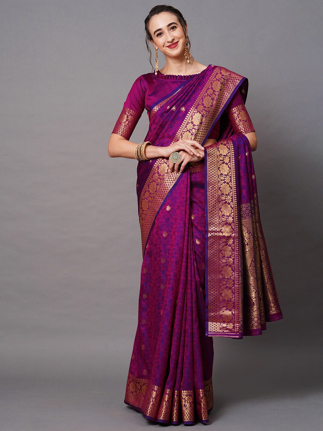 

Mitera Magenta & Purple Woven Design Silk Blend Banarasi Saree