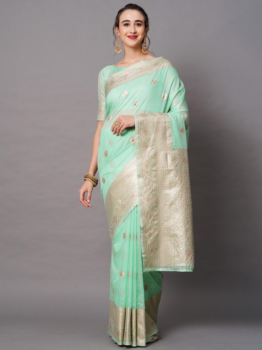 

Mitera Sea Green & Gold-Toned Woven Design Silk Blend Banarasi Saree