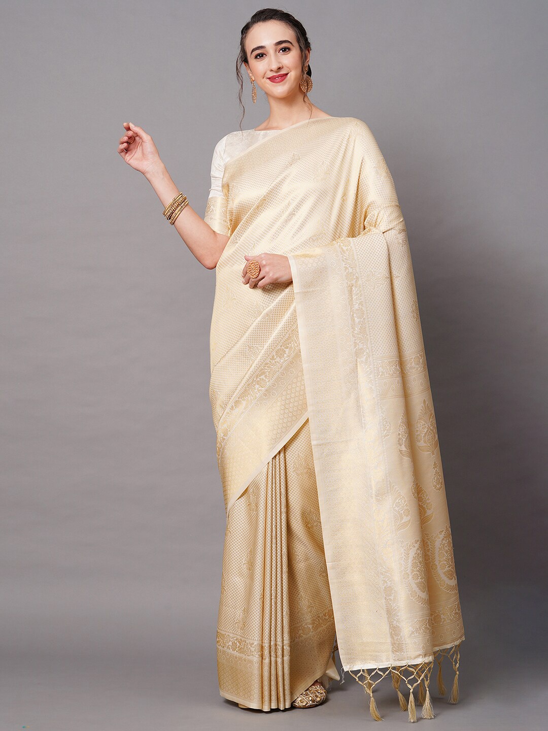 

Mitera Beige & Gold-Toned Woven Design Zari Silk Blend Banarasi Saree