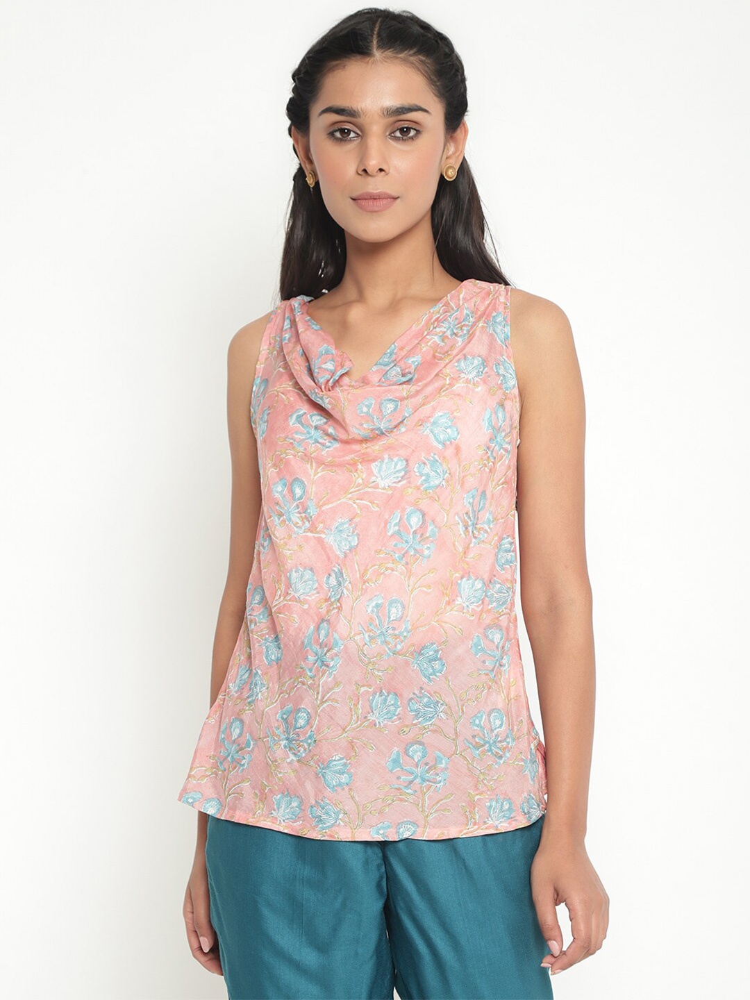 

Fabindia Pink Floral Cowl Neck Regular Top