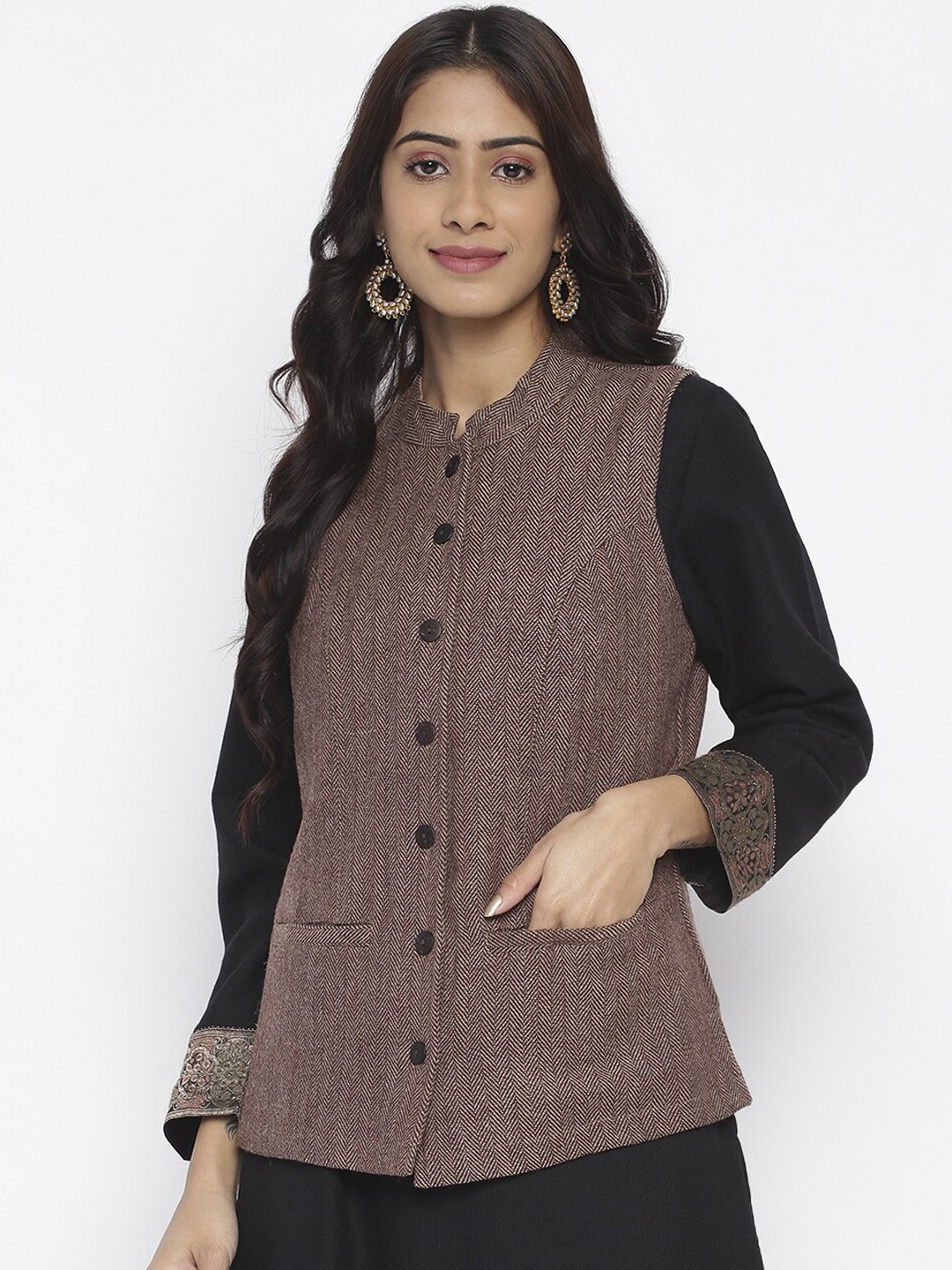 

Fabindia Women Brown Solid Nehru Jacket