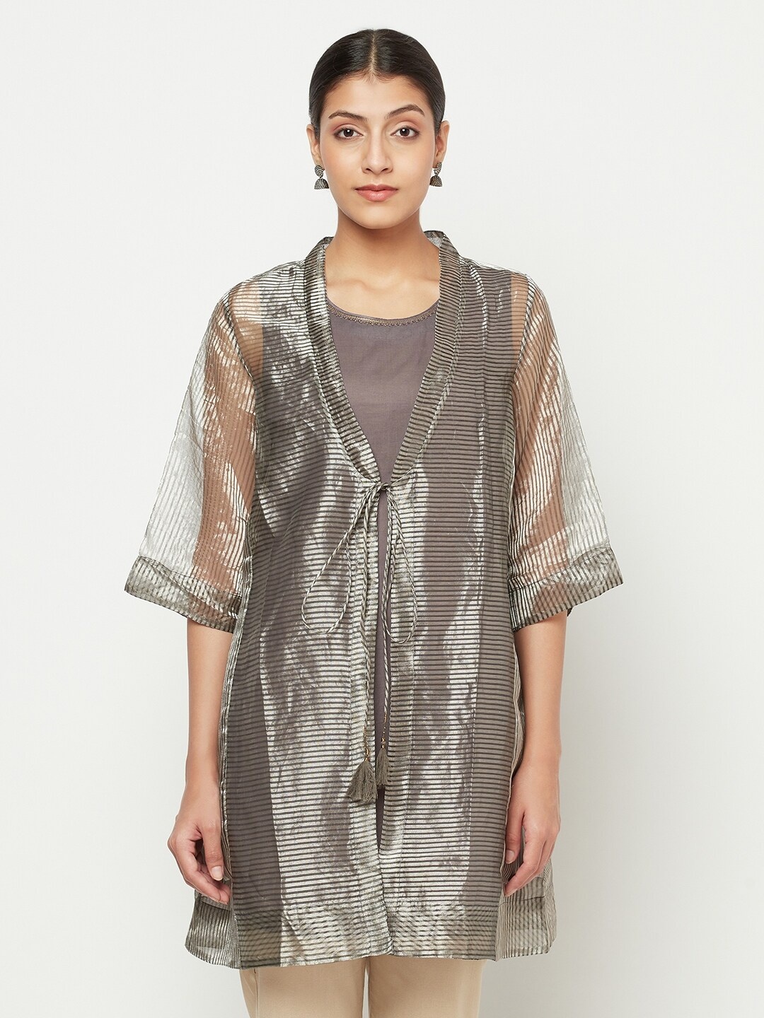 

Fabindia Grey & Black Cowl Neck Striped Tunic