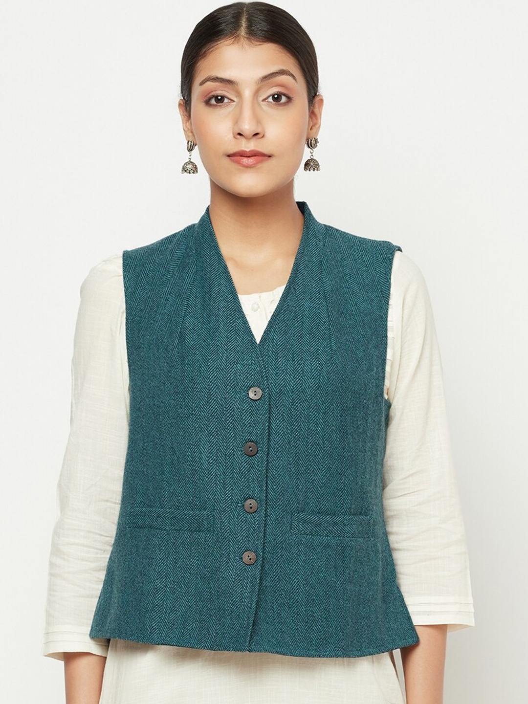 

Fabindia Women Teal Green Solid Waistcoat