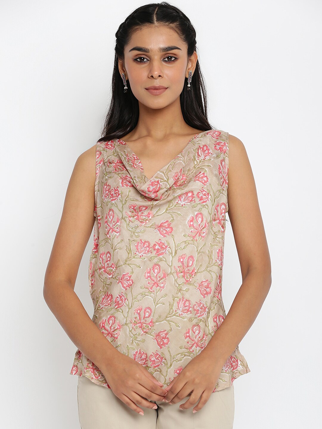 

Fabindia Pink & Green Floral Cowl Neck Regular Top
