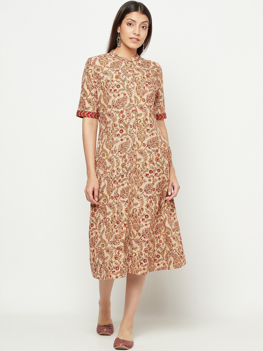 

Fabindia Beige & Red Floral Shirt Midi Dress