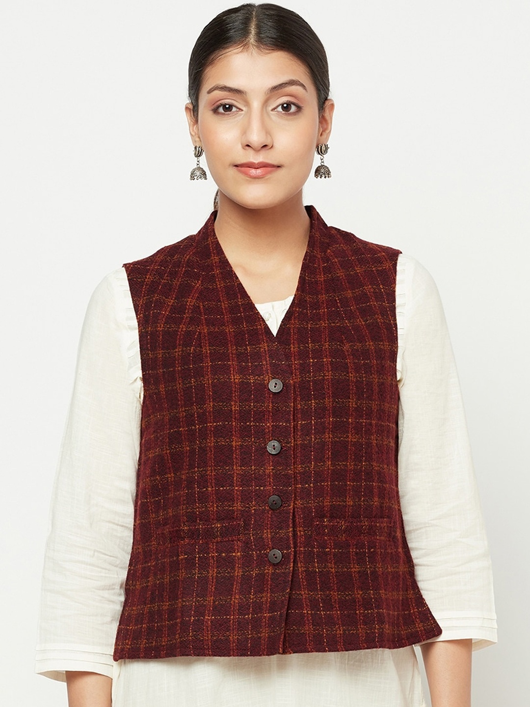 

Fabindia Women Maroon Checked Tailored Jacket