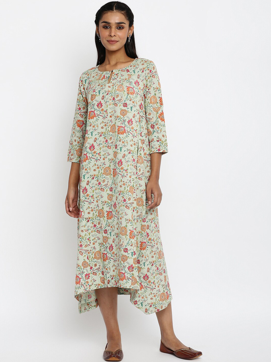 

Fabindia Green Floral Keyhole Neck Linen A-Line Midi Dress