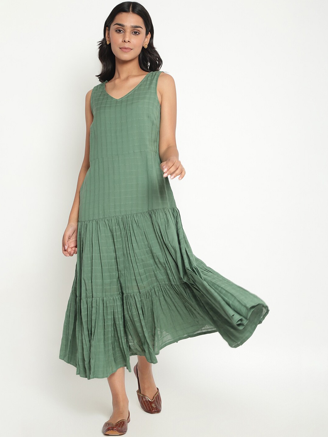 

Fabindia Green Checked A-Line Dress