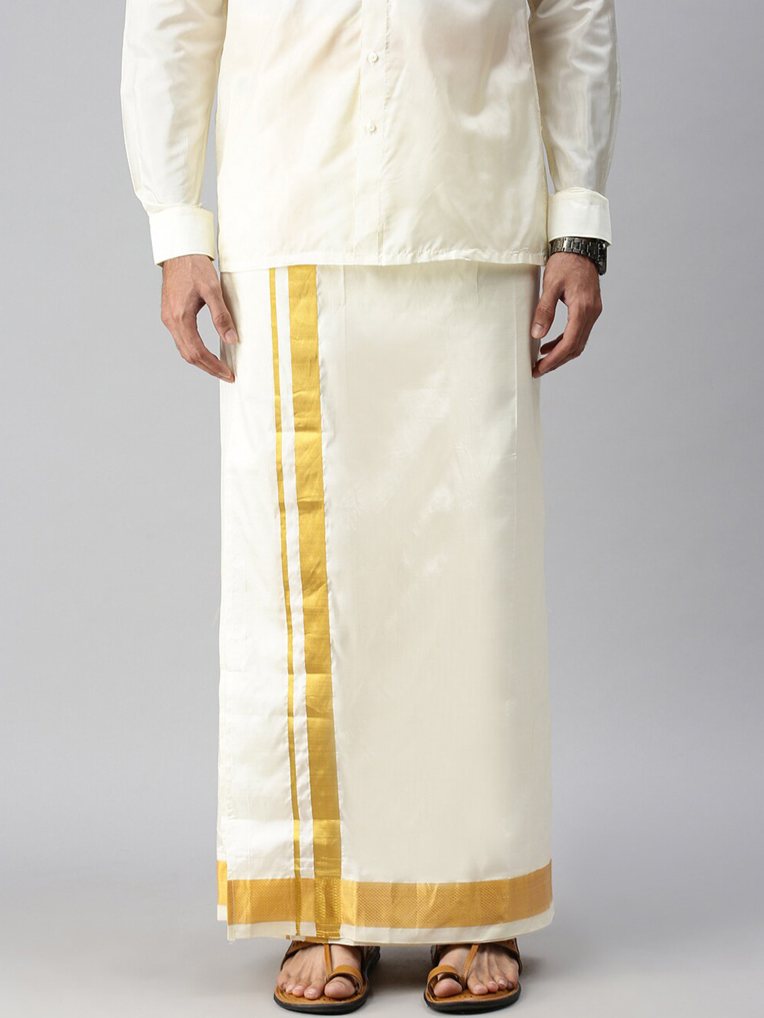 

Ramraj Men Pure Silk Double Layer Cream-Coloured Dhoti with Gold-Toned border