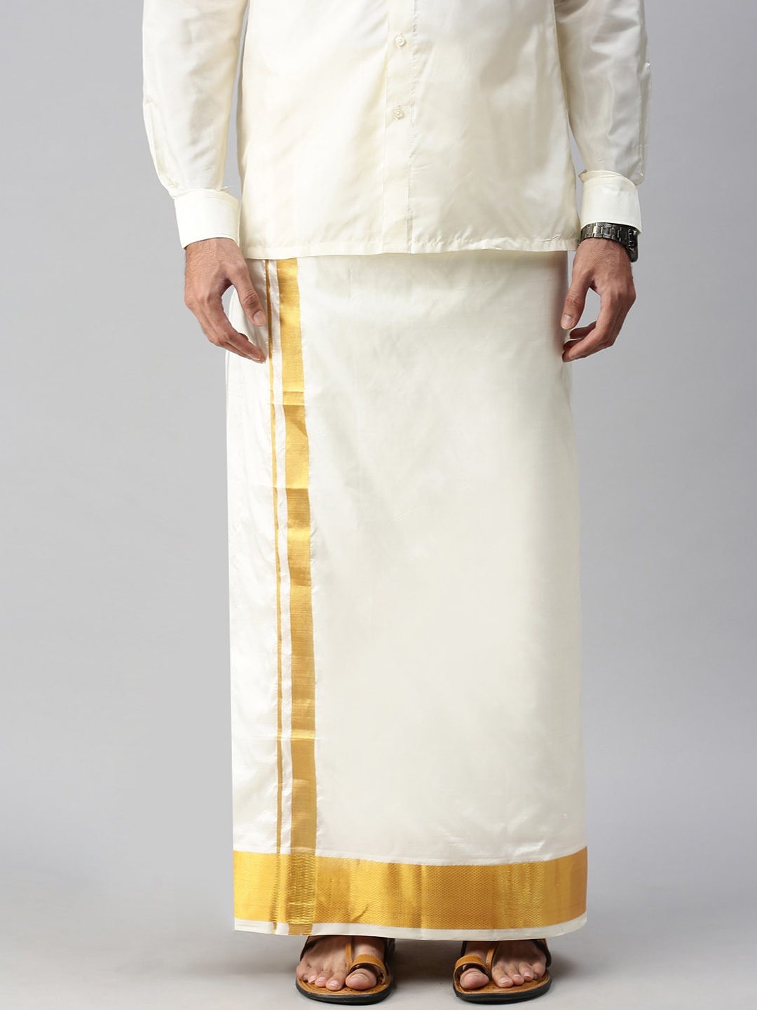 

Ramraj Men Cream-Coloured Solid Pure Silk Dhoti