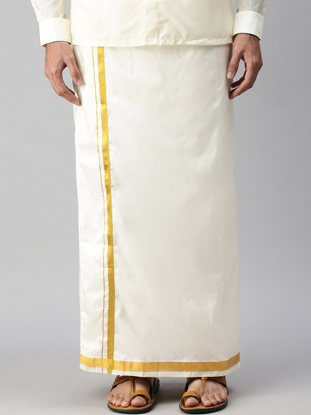 

Ramraj Men Pure Silk Double Layer Cream-Coloured Dhoti with Gold-Toned border