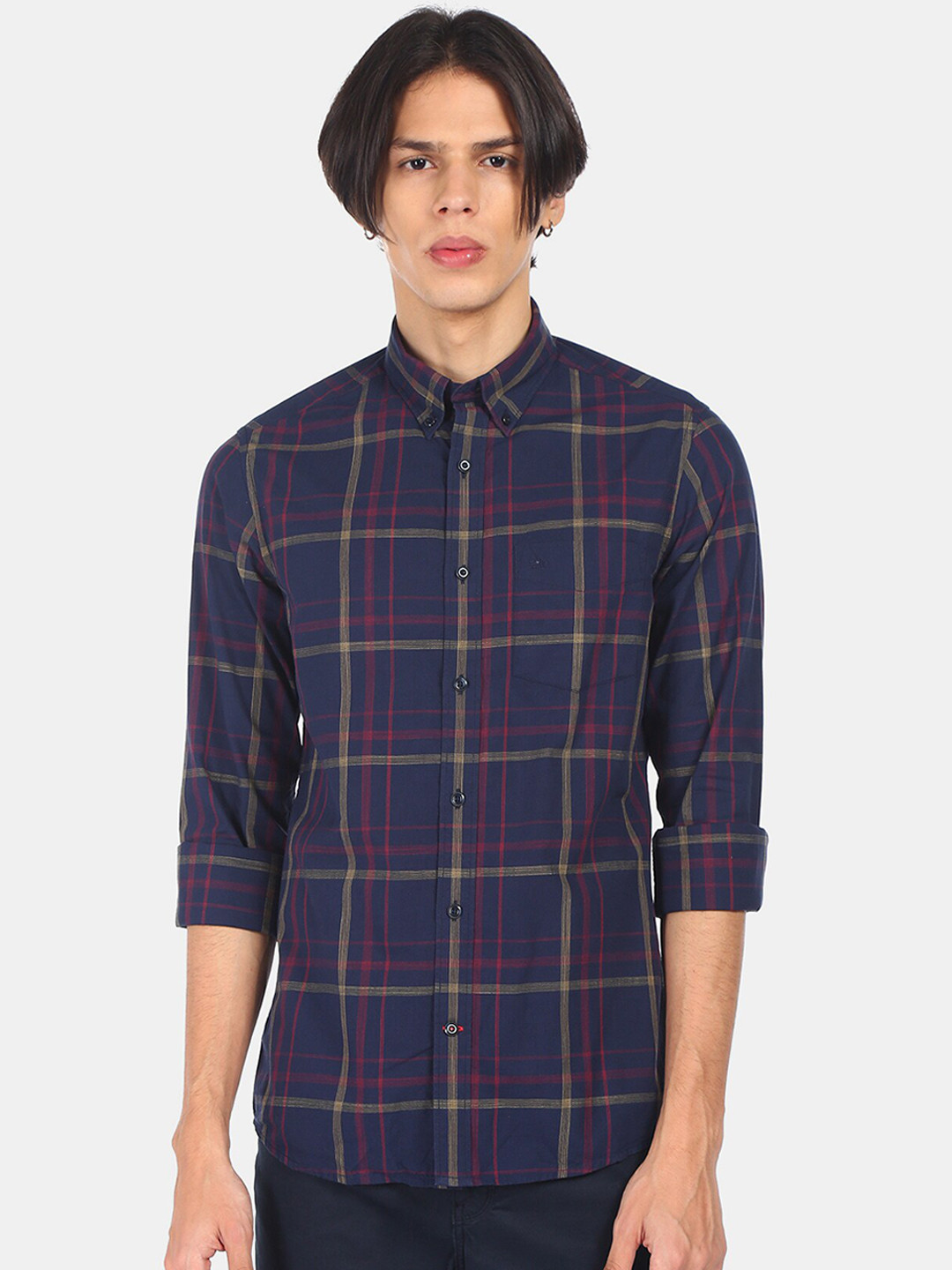 

Arrow Sport Men Navy Blue Opaque Checked Casual Pure Cotton Shirt