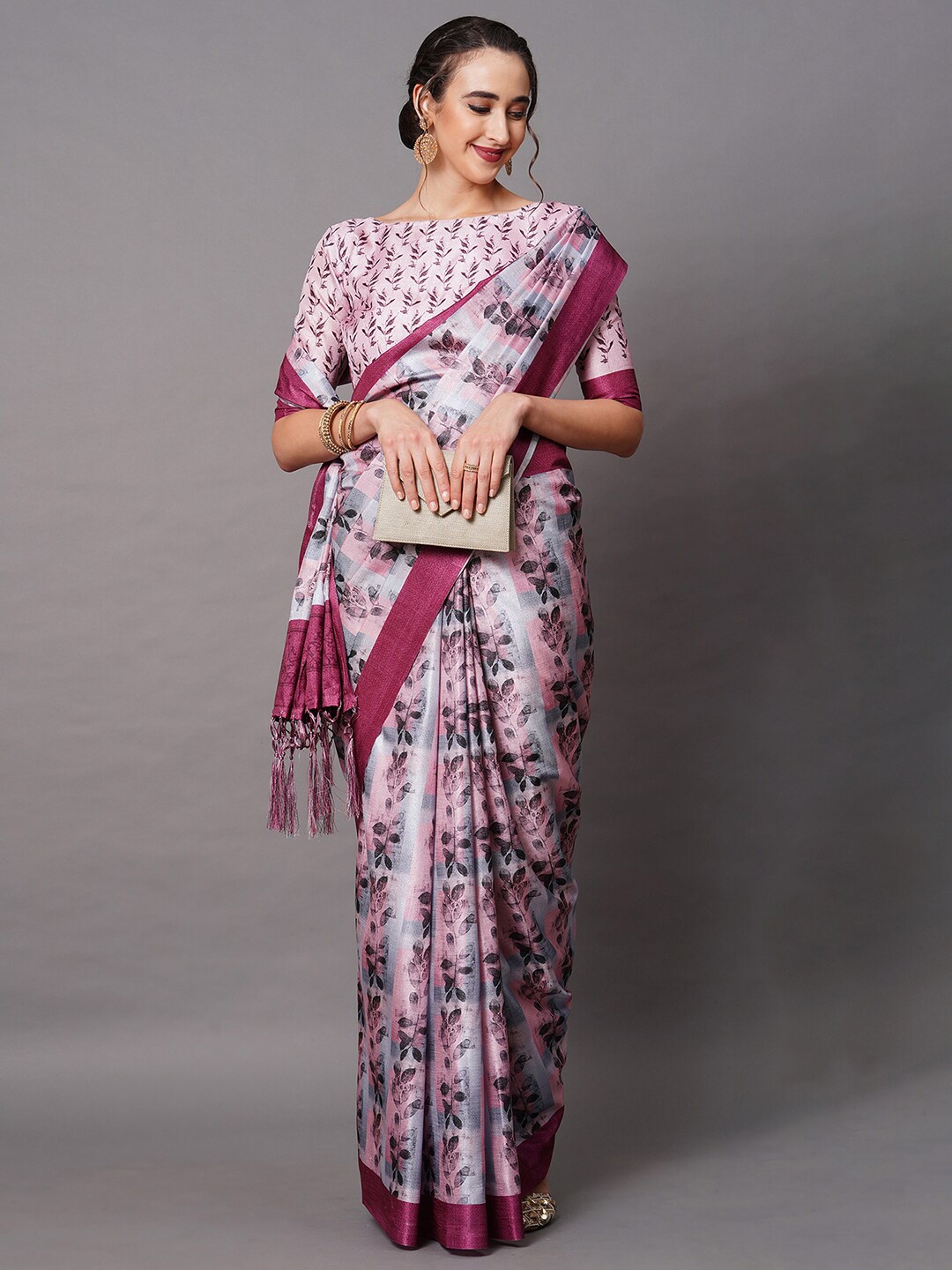 

Mitera Mauve Silk Blend Floral Printed Saree