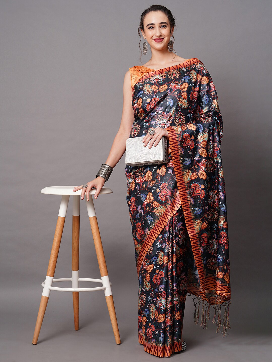 

Mitera Grey & Orange Silk Blend Floral Printed Saree