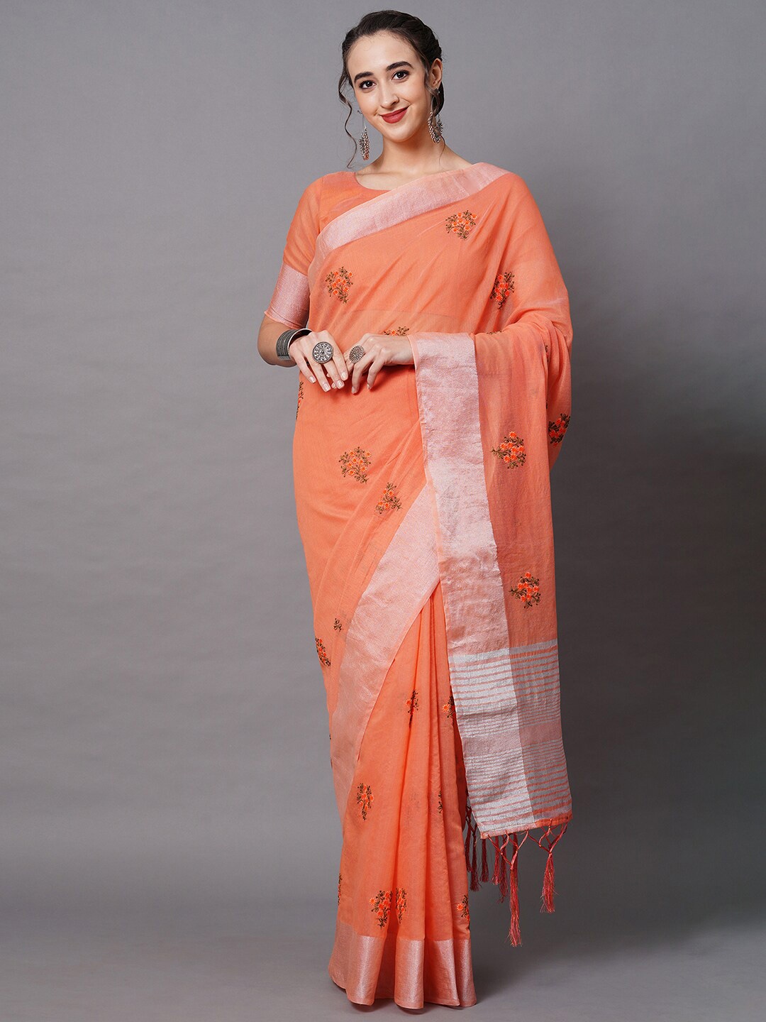 

Mitera Orange & Silver-Toned Floral Embroidered Saree