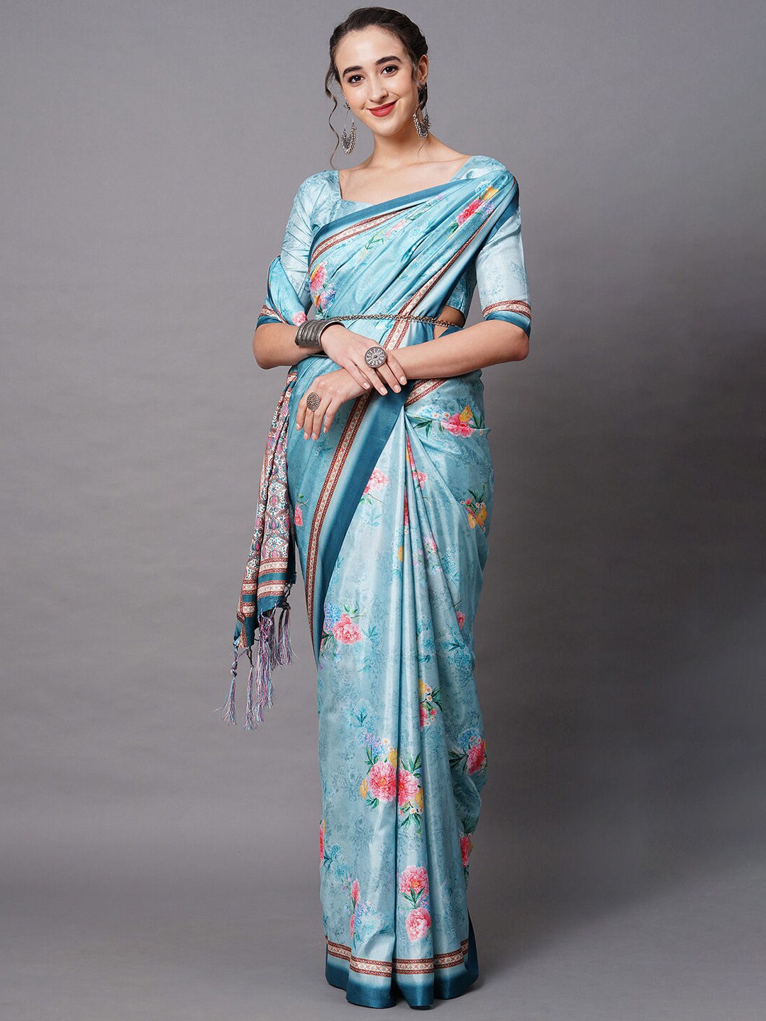 

Mitera Blue Silk Blend Floral Printed Saree