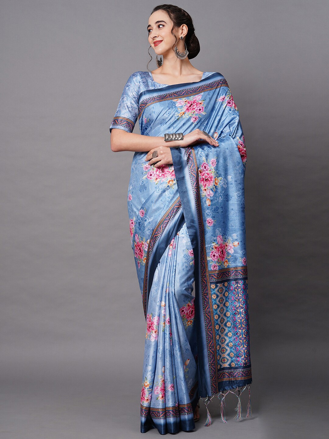 

Mitera Blue Silk Blend Floral Printed Saree