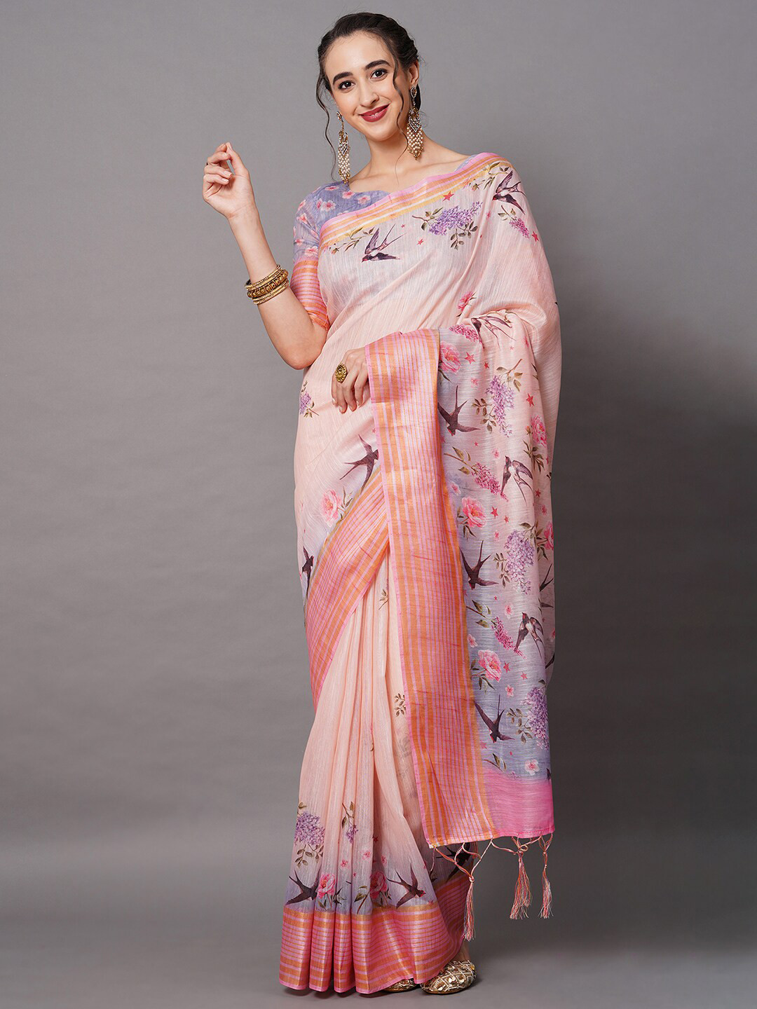 

Mitera Peach-Coloured Linen Blend Floral Printed Saree