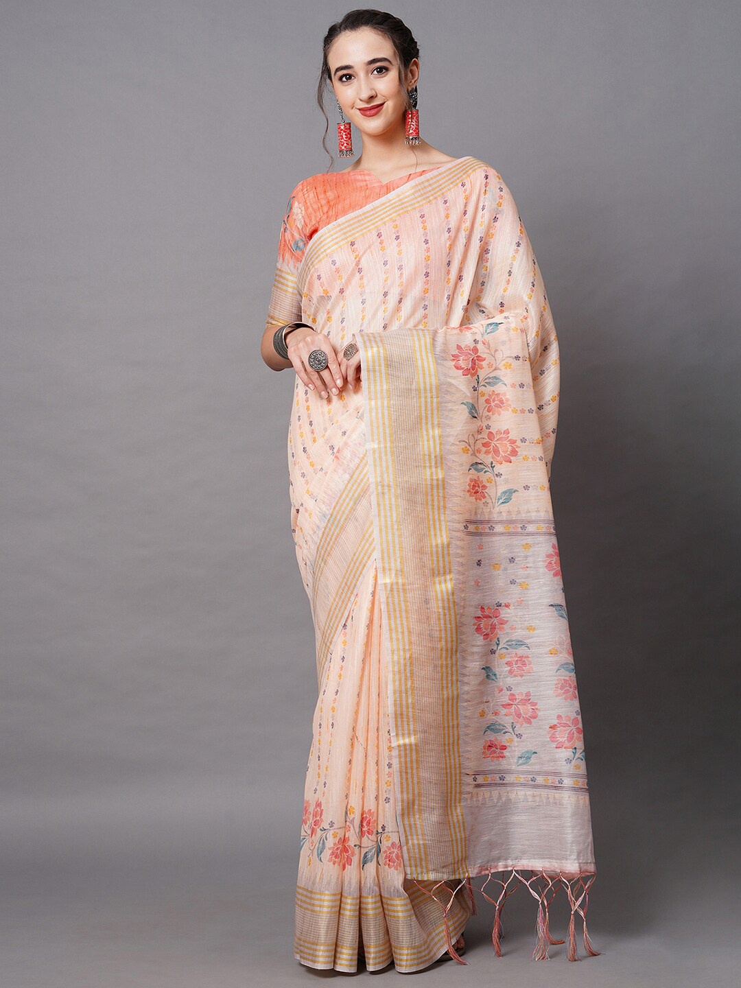 

Mitera Peach-Coloured & Orange Linen Blend Floral Printed Saree