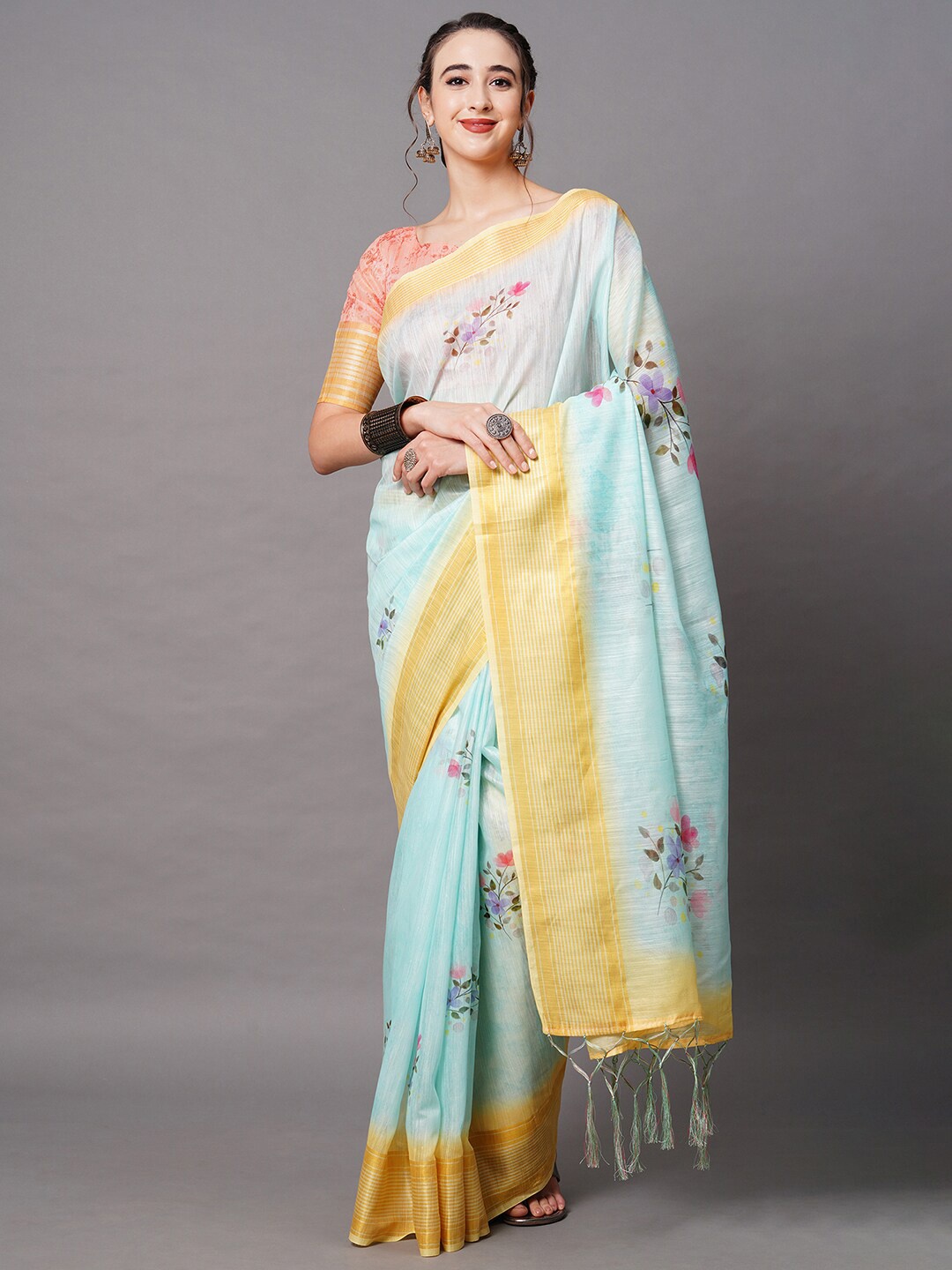 

Mitera Blue & Pink Linen Blend Floral Printed Saree