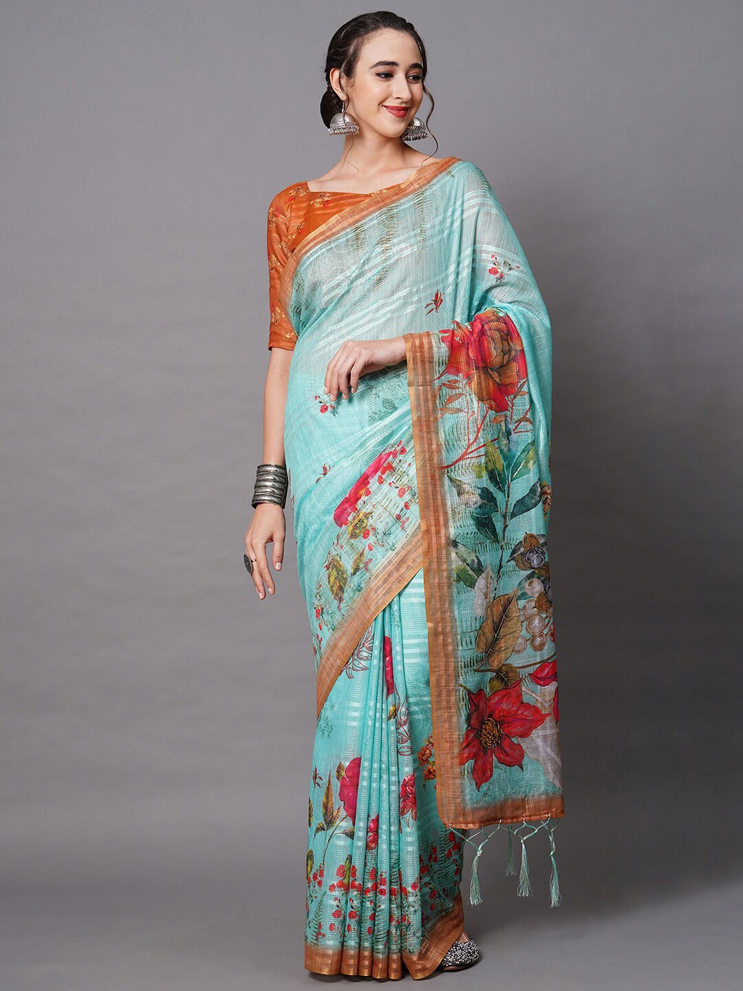 

Mitera Blue & Orange Linen Blend Floral Printed Saree