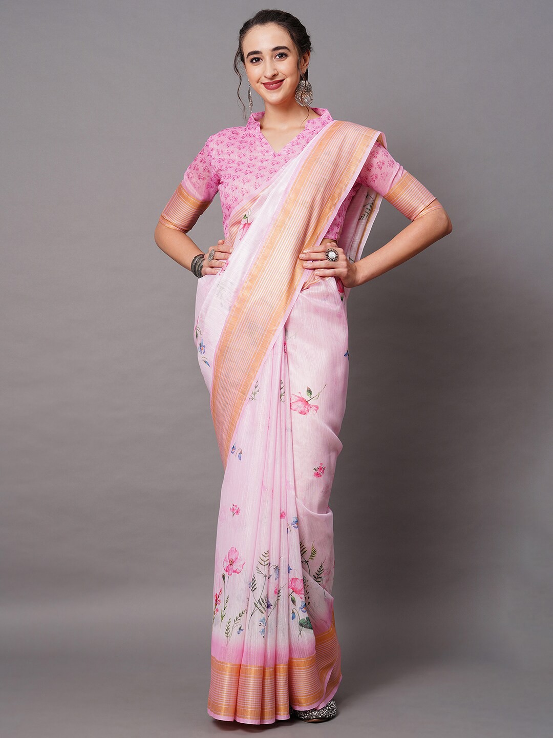

Mitera Pink Linen Blend Floral Printed Saree
