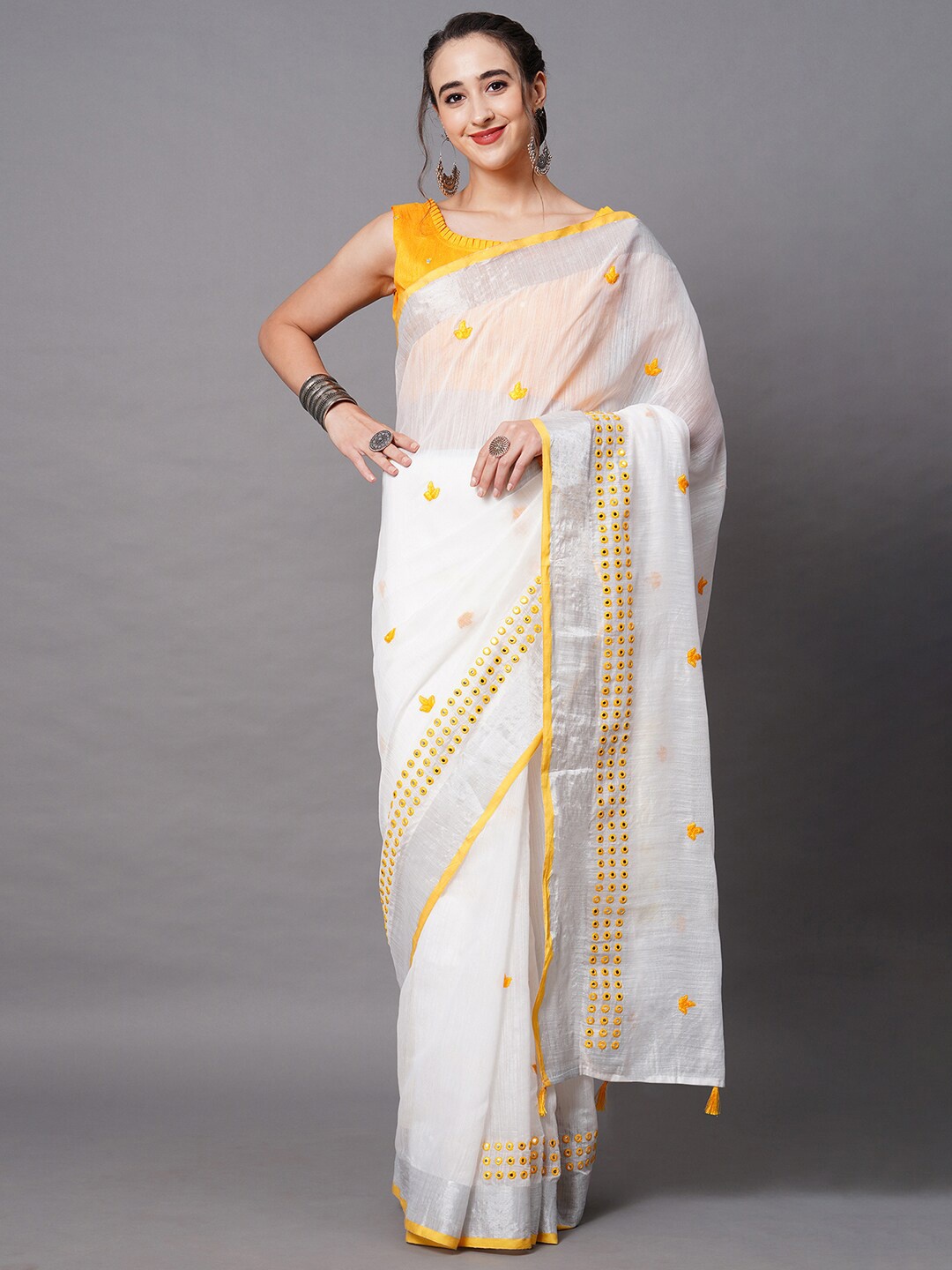 

Mitera White & Yellow Geometric Embroidered Saree