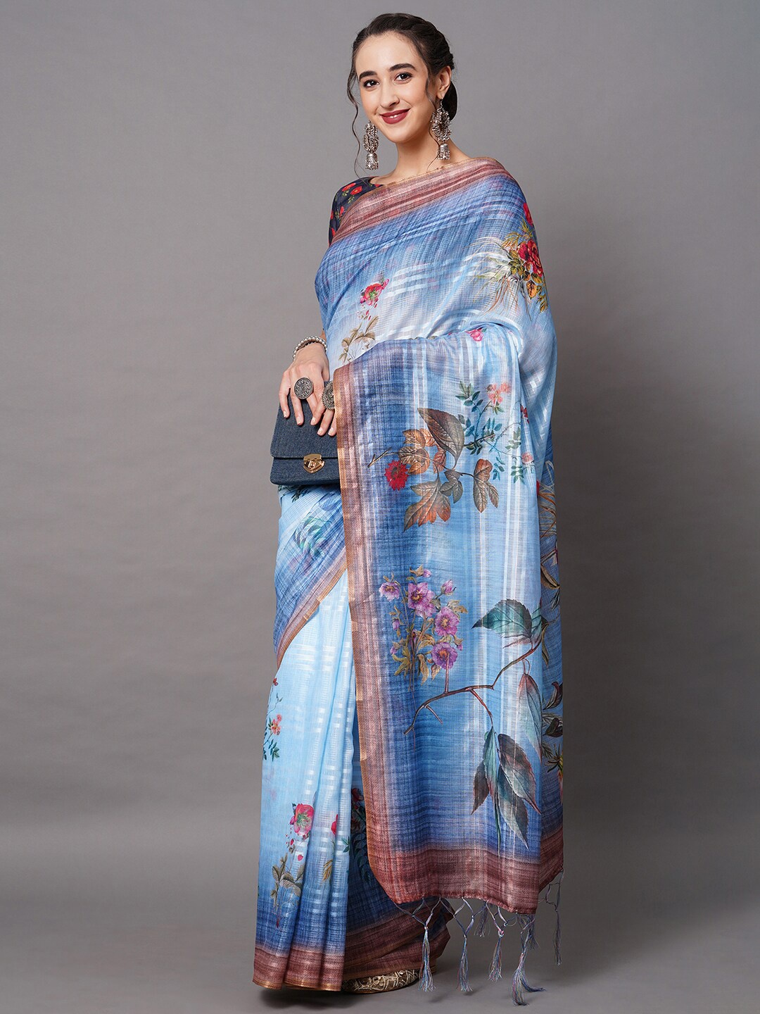 

Mitera Blue Linen Blend Floral Printed Saree