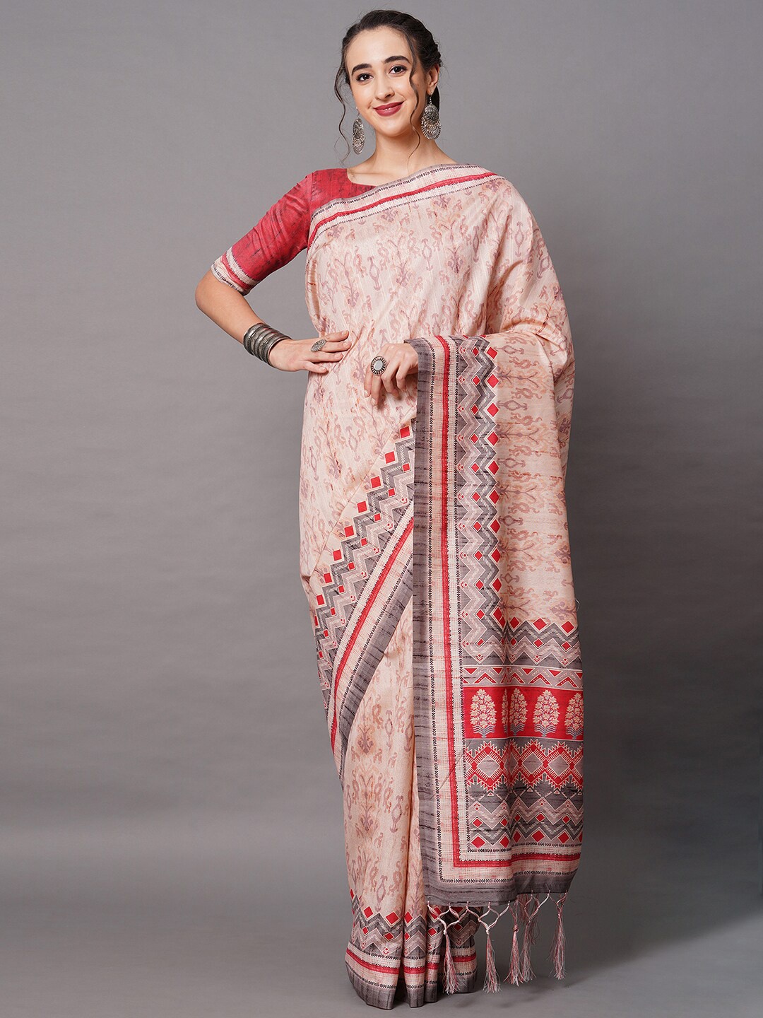 

Mitera Peach-Coloured & Red Art Silk Geometric Printed Saree