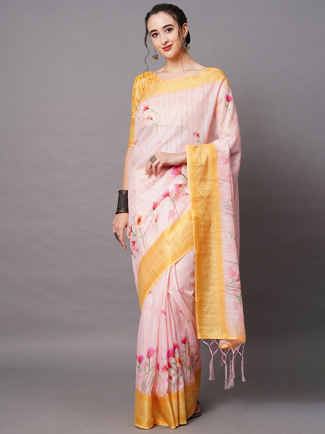 

Mitera Peach-Coloured & Yellow Linen Blend Floral Printed Saree